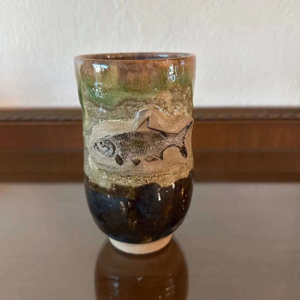 Studio Pottery Fish Tumbler Handcrafted Stoneware Drip Glaze Green Brown Cup